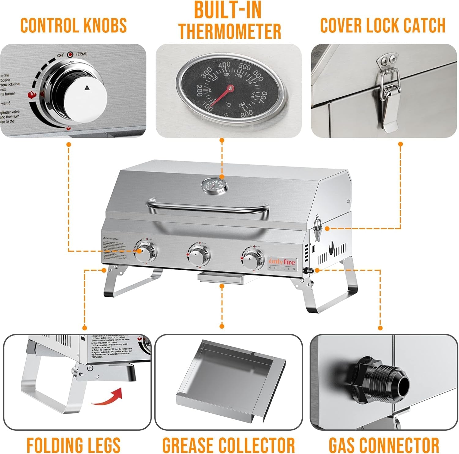Table top Stainless Steel Propane Grill Foldable Legs