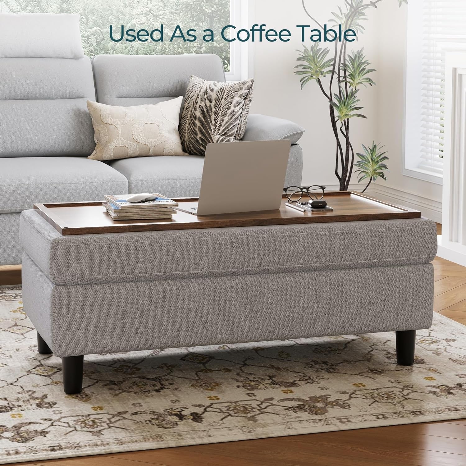 FortySixInch Grey Storage Ottoman Bench Upholstered Linen-2