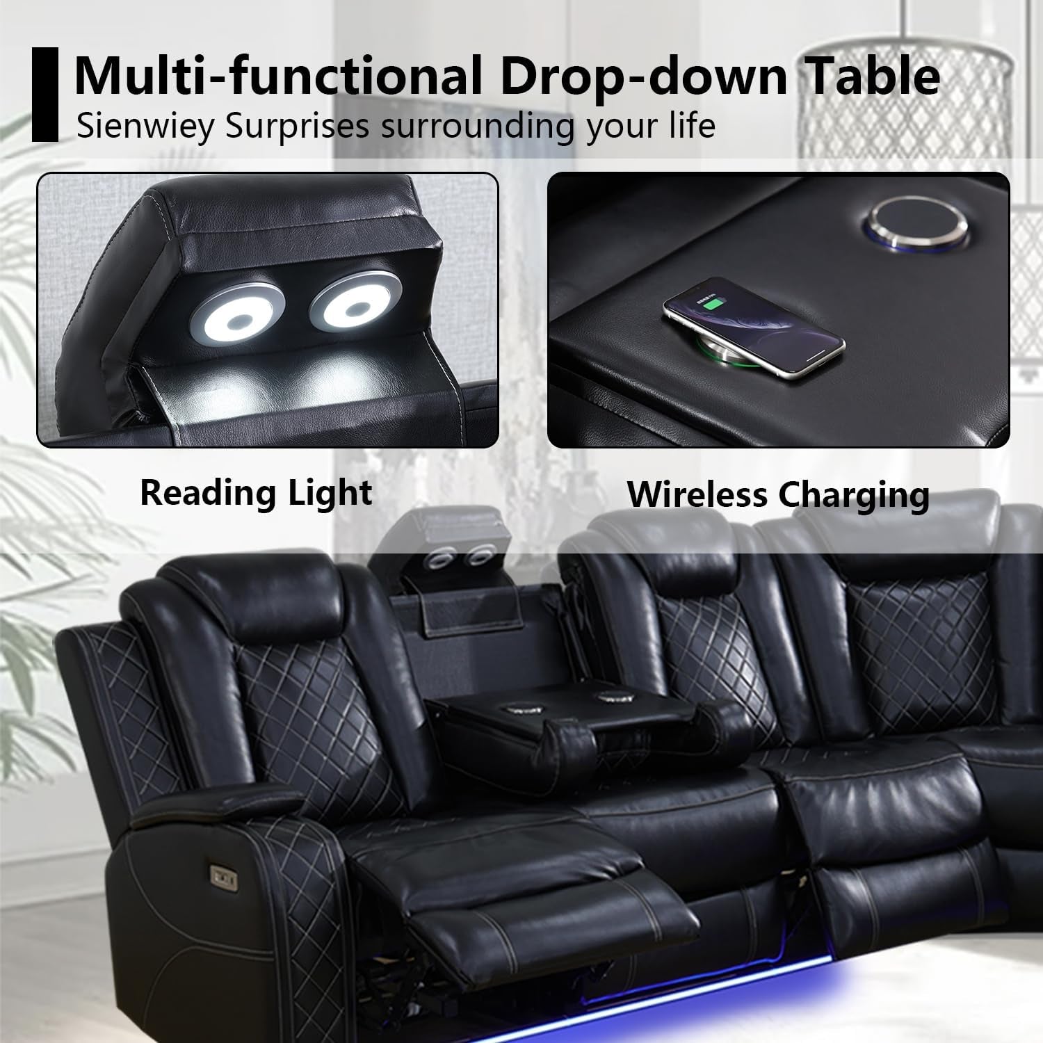 Black Leather Power Reclining Sectional Sofa Living Room-3