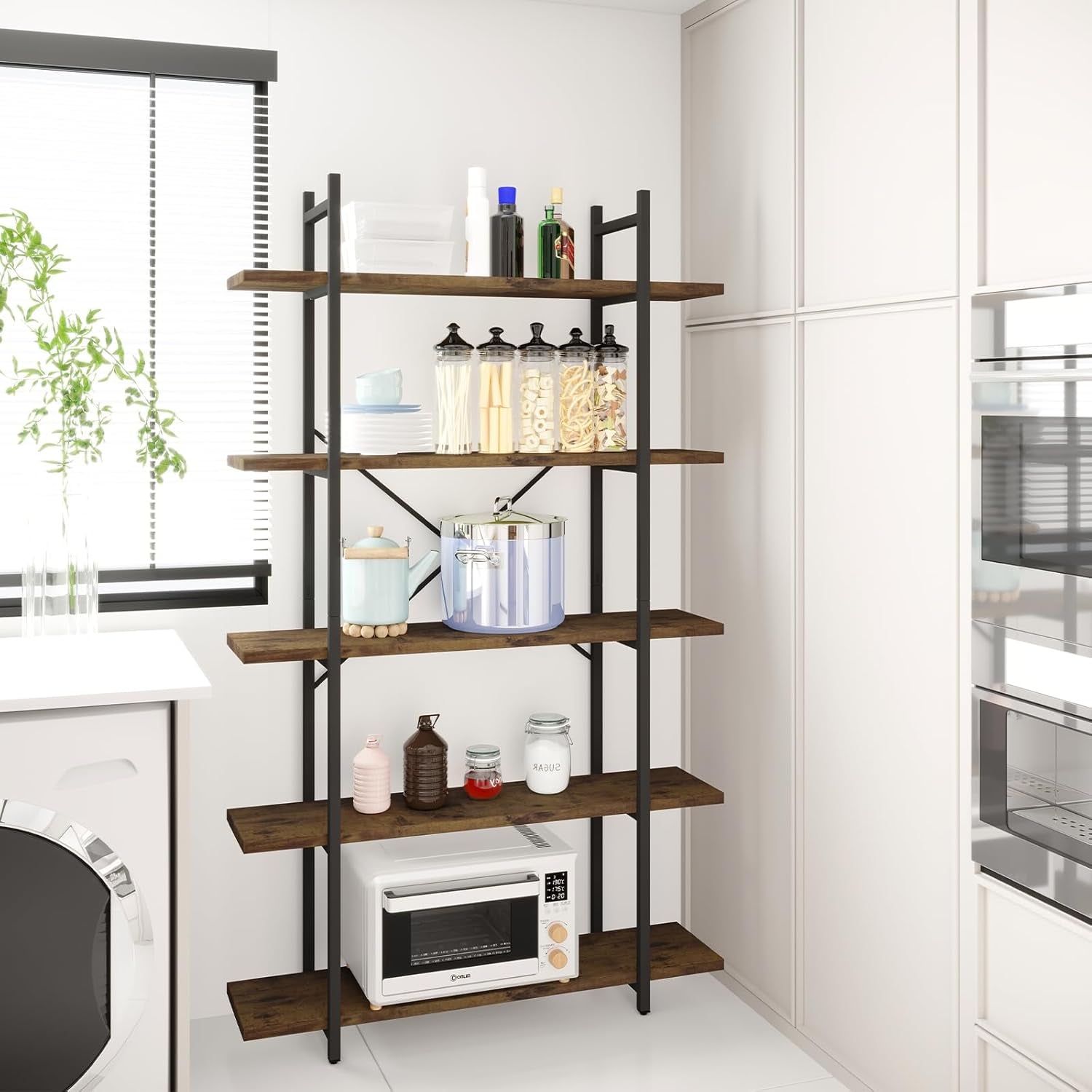 Five Tier Bookshelf Organizer Rustic Brown Metal Shelving-4