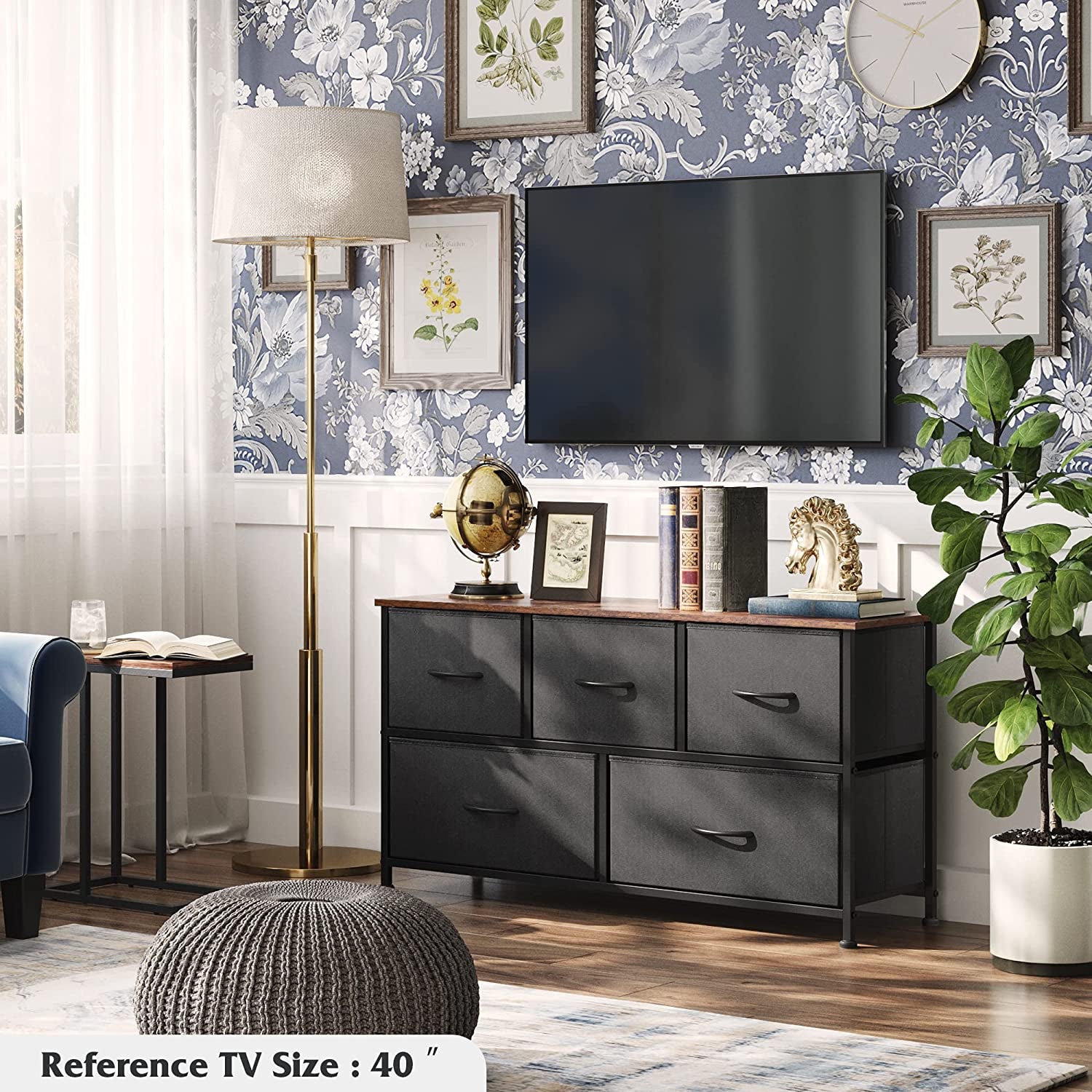 5 Drawer Fabric Dresser With Bins And Wood Top For Bedroom-2