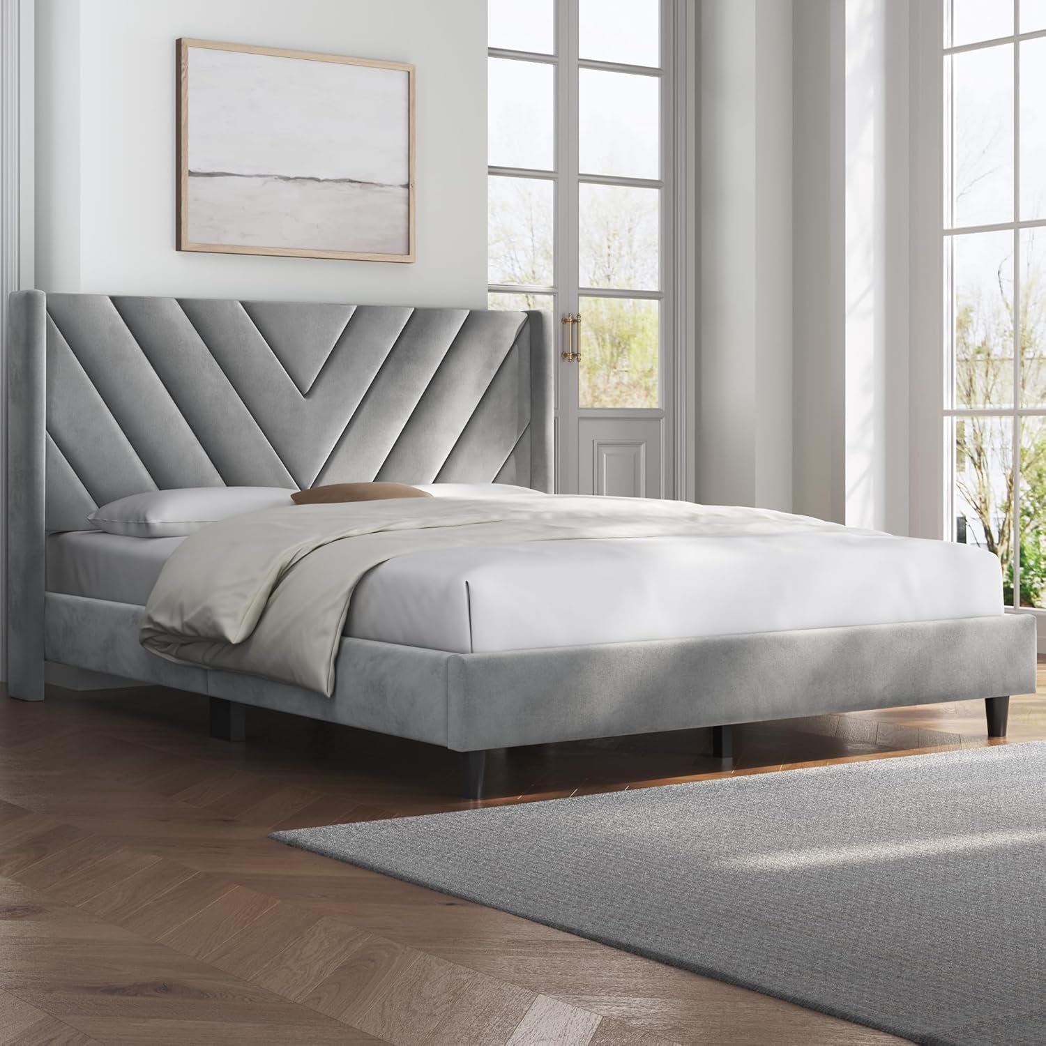 Queen Bed Frame Upholstered Platform Bed with Wing Side/Wooden Slat Support/Tufted Headboard with Wing Side/Mattress Foundation/No Box Spring Needed,Light Gray Queen Bed-2