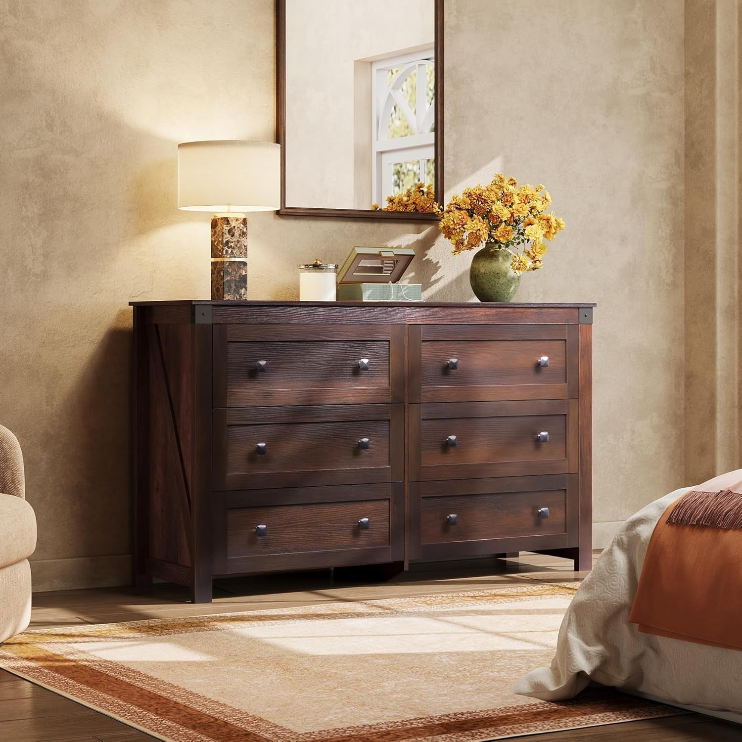 Brown Farmhouse 53InchWide 6Drawer Dresser With RusticHandles-1