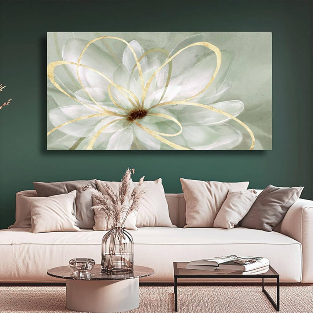 White Blossom GoldLine Wall Art Canvas 29X58 Inches-1