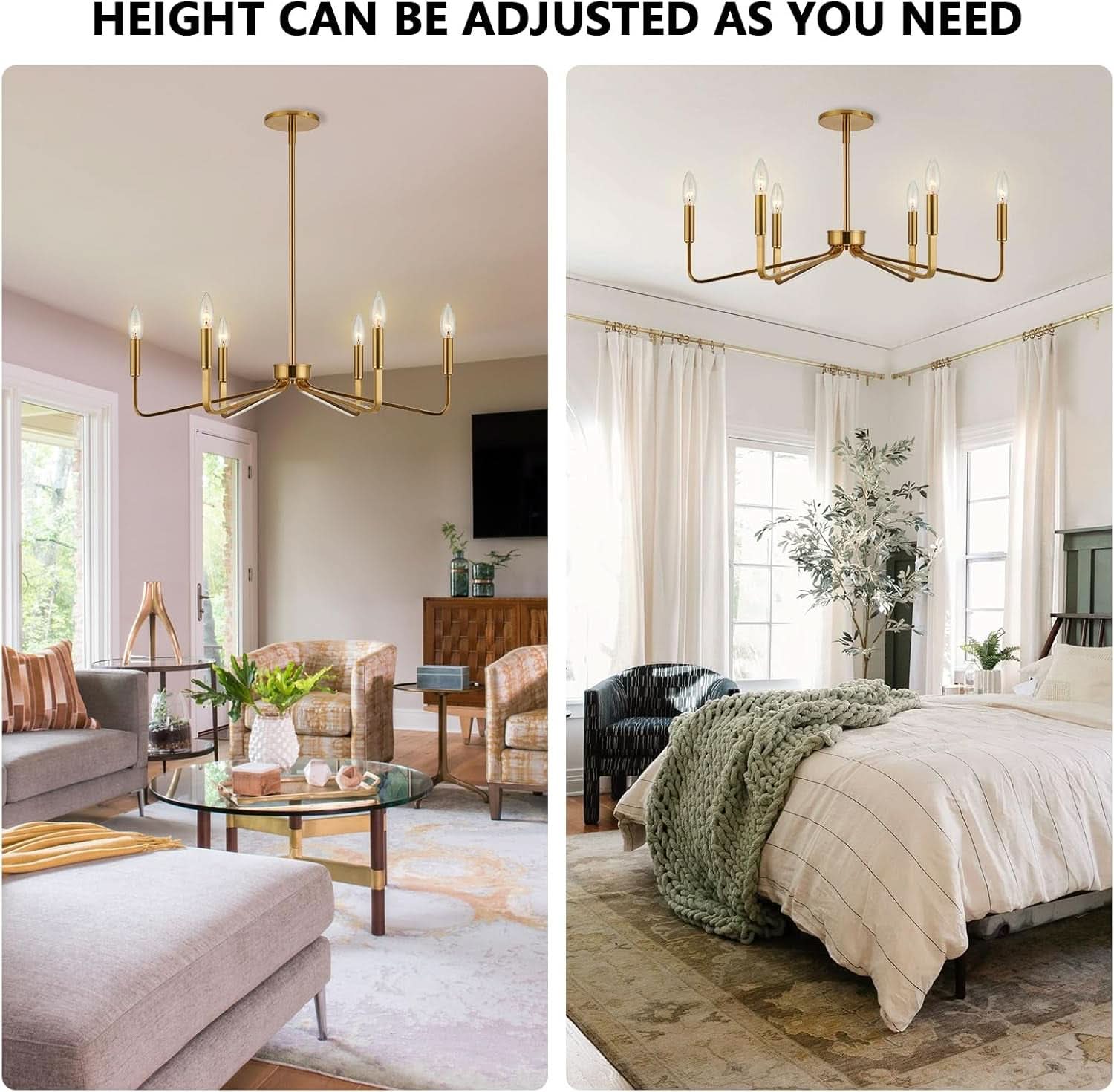 Brushed Brass Six Light Ceiling Mounted Chandelier Fixture