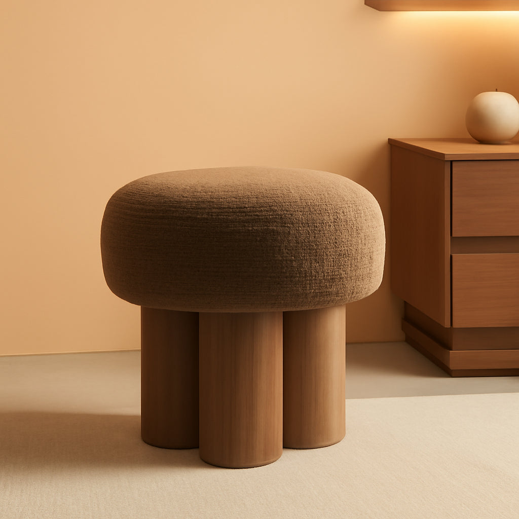 Compact Round Footstool Ottoman Brown Teddy Fabric-0