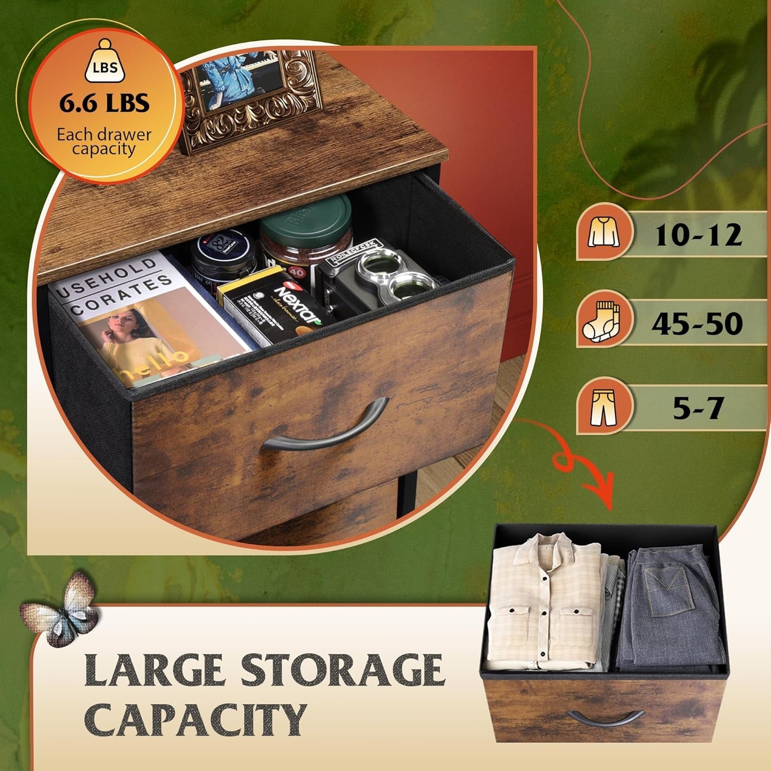 5 Drawer Tall Fabric Dresser With Wood Top And Fabric Bins-3