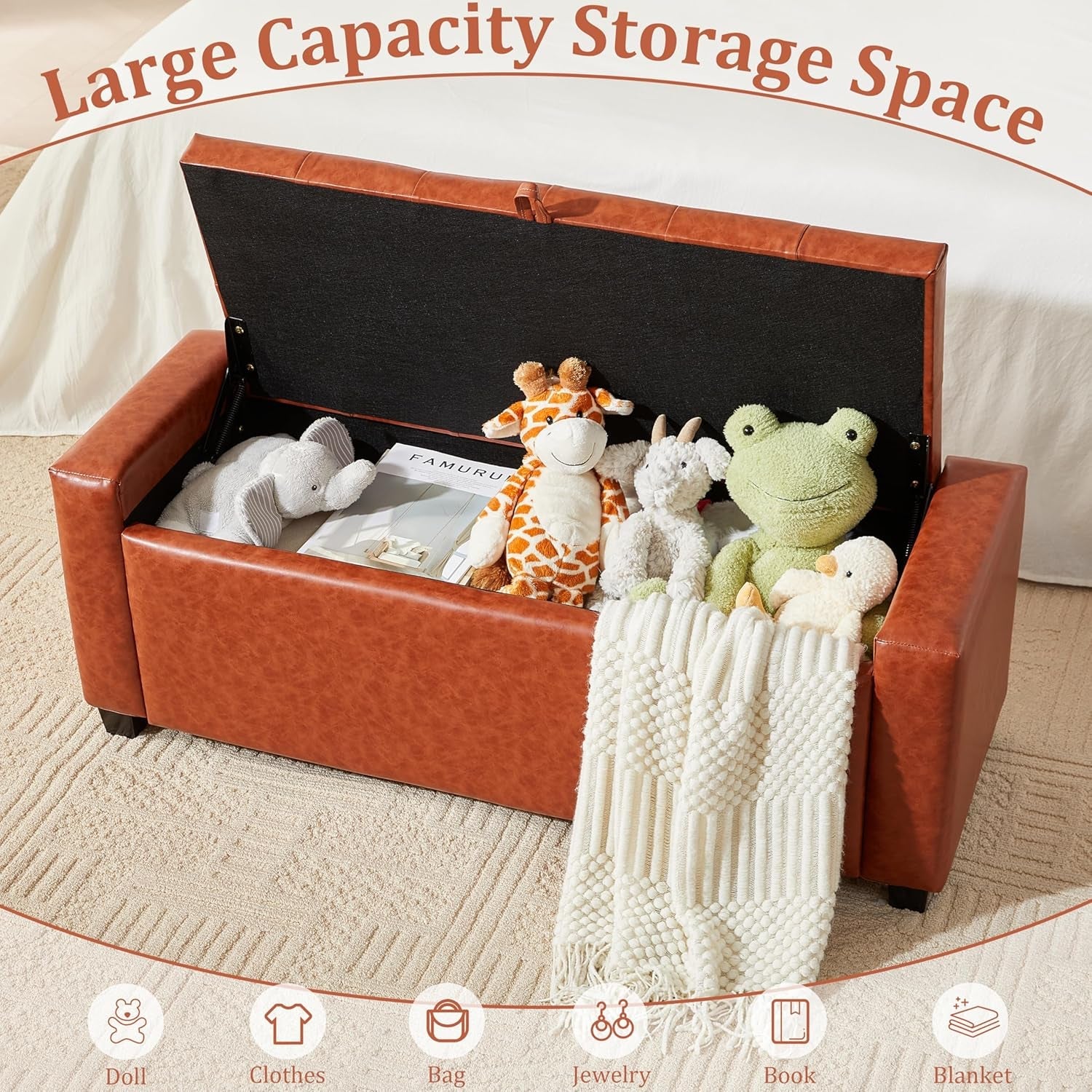 Storage Ottoman Tufted Leather Reddish Brown Bench-4