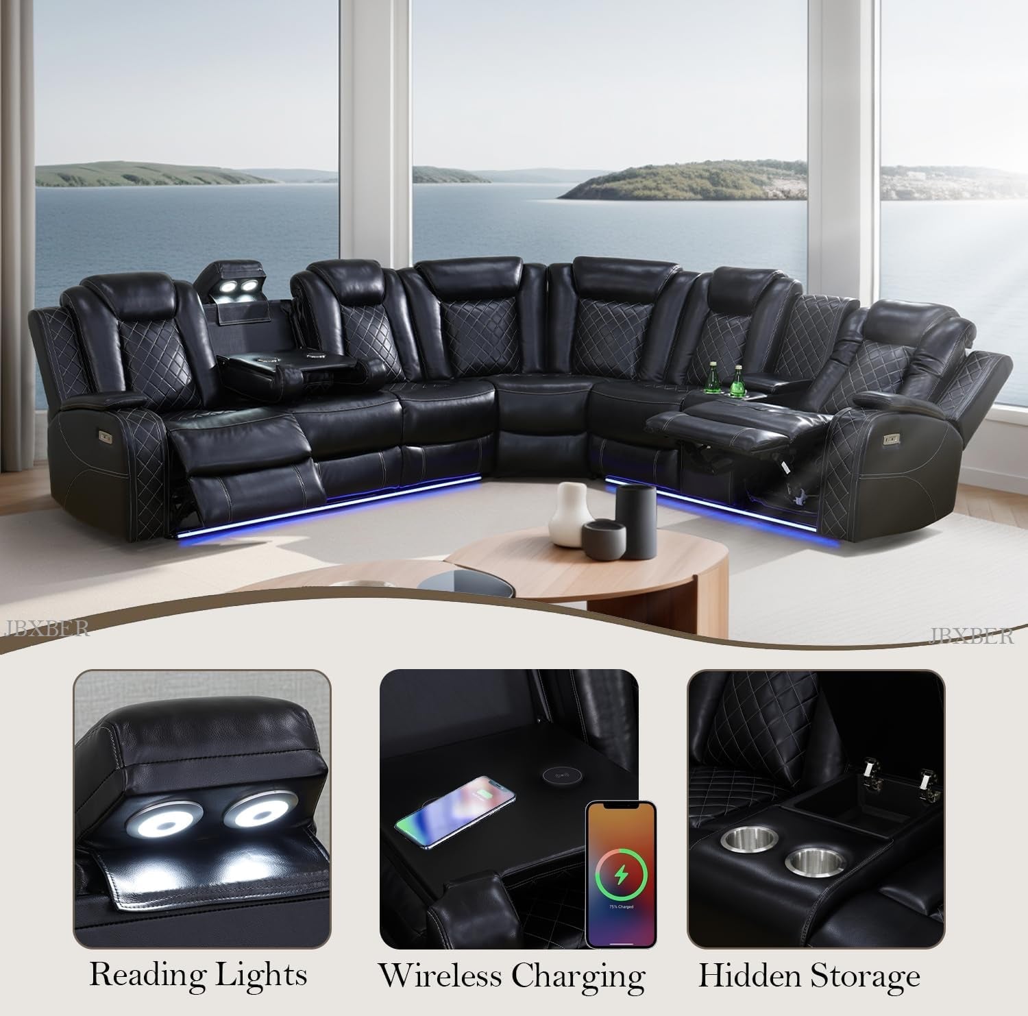 Power Recliner Sectional Sofa Set In Black With Led Lights-2