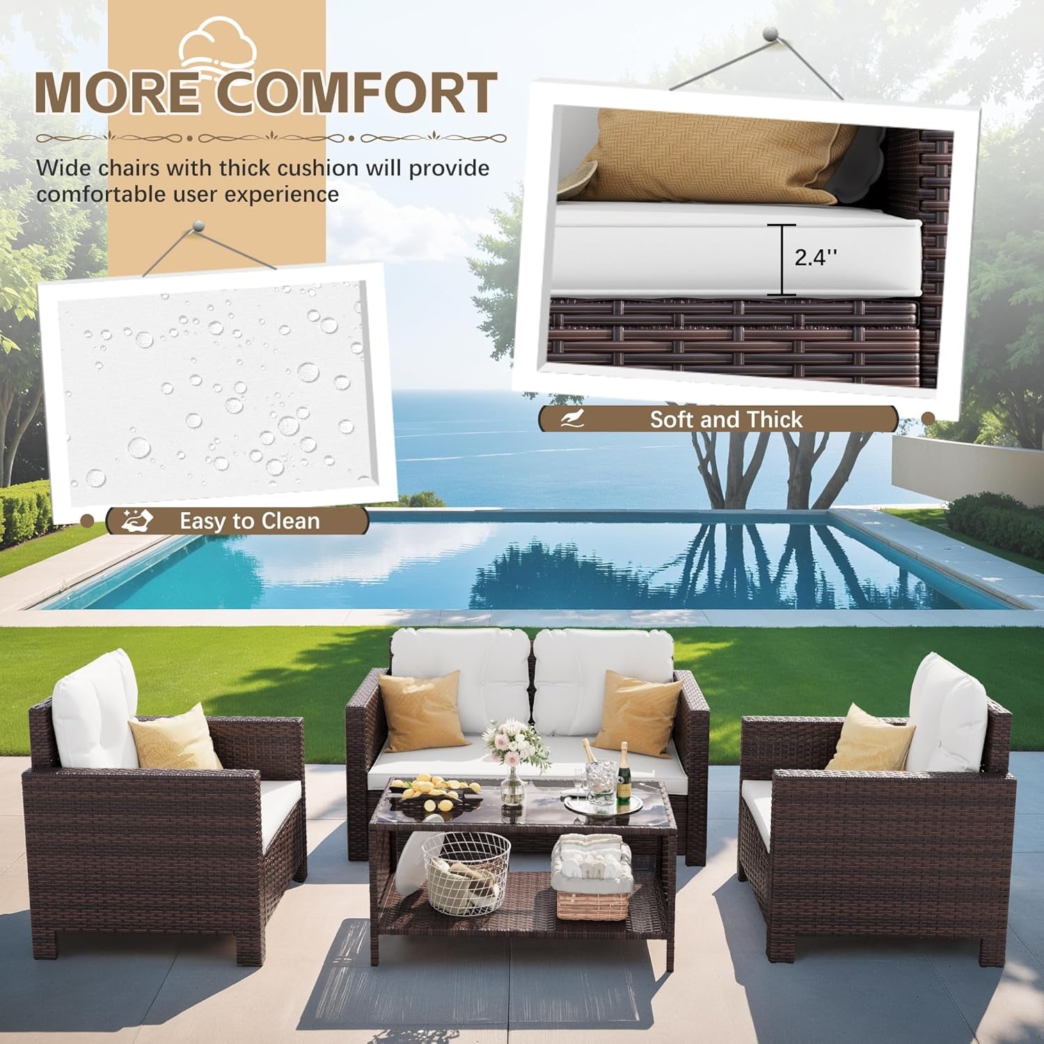 4 Piece Patio Rattan Furniture Set Beige Cushions Outdoor-3