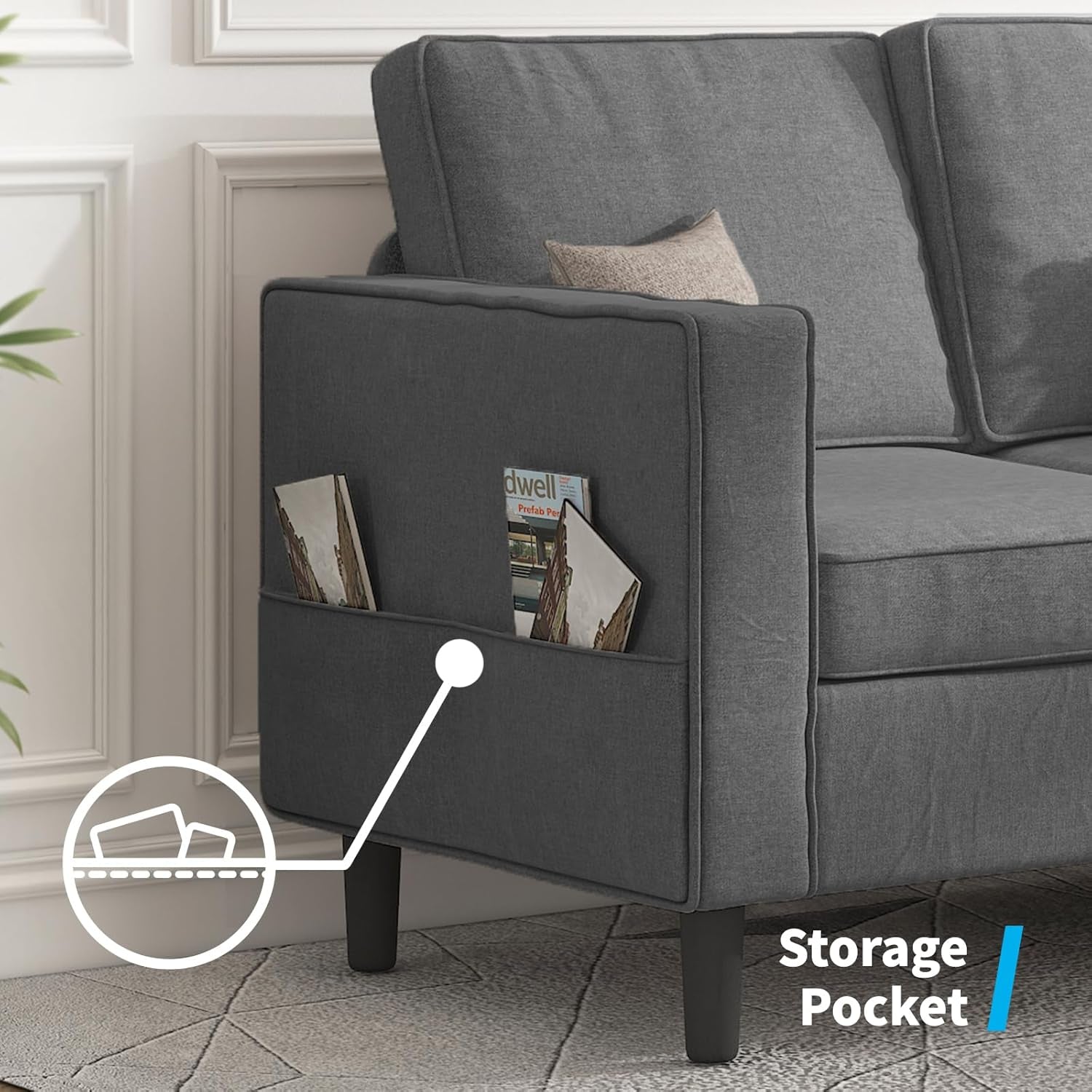 Convertible Sectional Sofa Sets, Modern Linen Fabric 3 Seater L-Shaped Sofa with Storage Ottoman, Wooden Sofa Couch Legs, Reversible Chaise Chair for Living Room, Studio, Apartment - Dark Grey-3