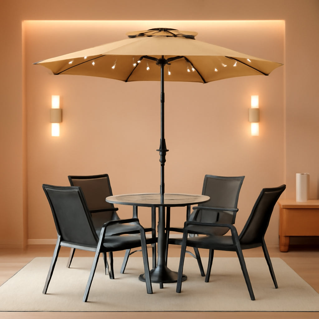9 Ft Solar LED Lighted Patio Umbrella With Tilt And Crank Lift Light Tan-0