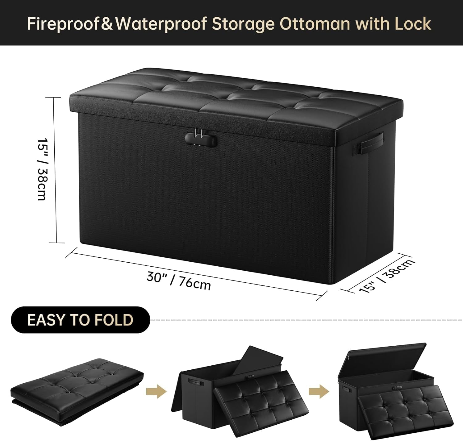 Storage Ottoman Bench 30 Inches Black Storage Lock Pro-2
