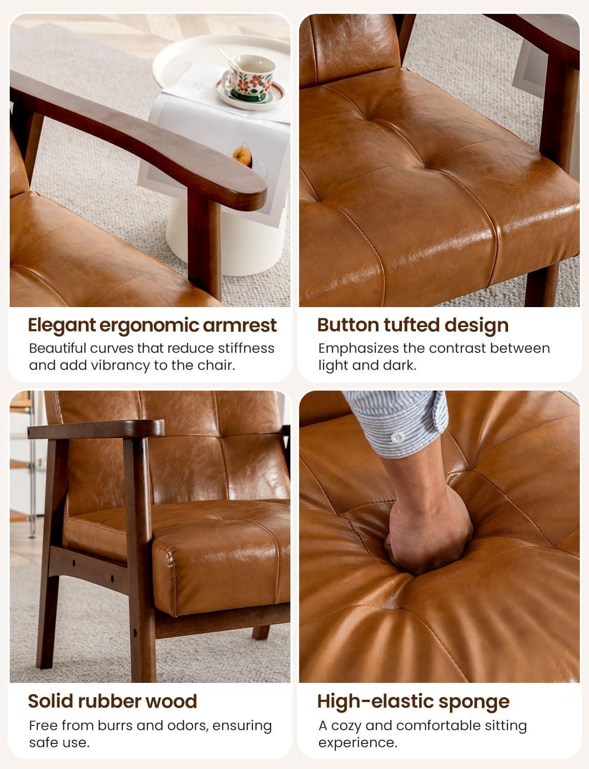 Mid Century Leather Accent Chair With Wooden Arms Brown-4