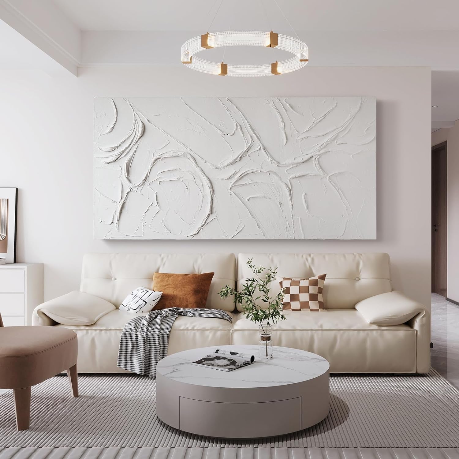 Abstract White Textured Wall Art 58x29 Inches Handmade-2
