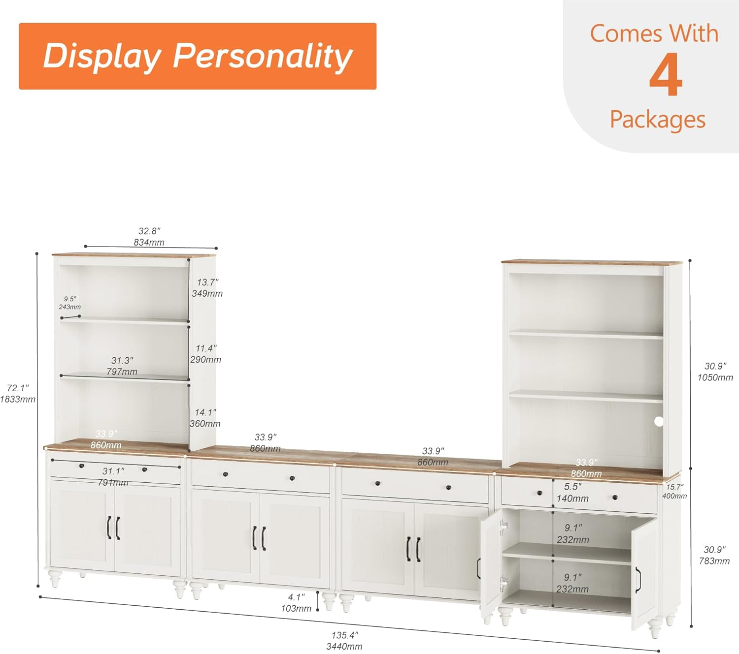 Entertainment Center with Bookshelves for Tvs up to 75", Farmhouse Wall Unit TV Stand with 8 Doors & 4 Drawer, Media Console Table for Living Room, Bedroom & Home Theater, off White-2