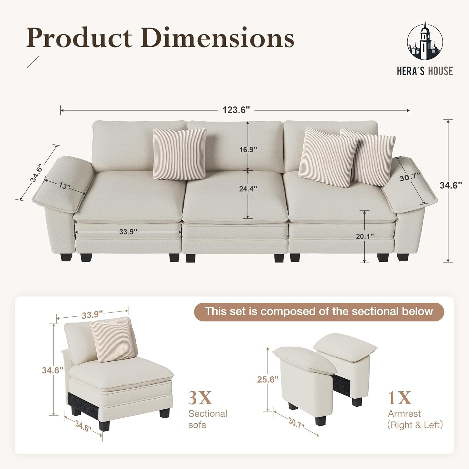 124 Inch Chenille Beige Modular Sectional Sofa With Throw Pillows-1