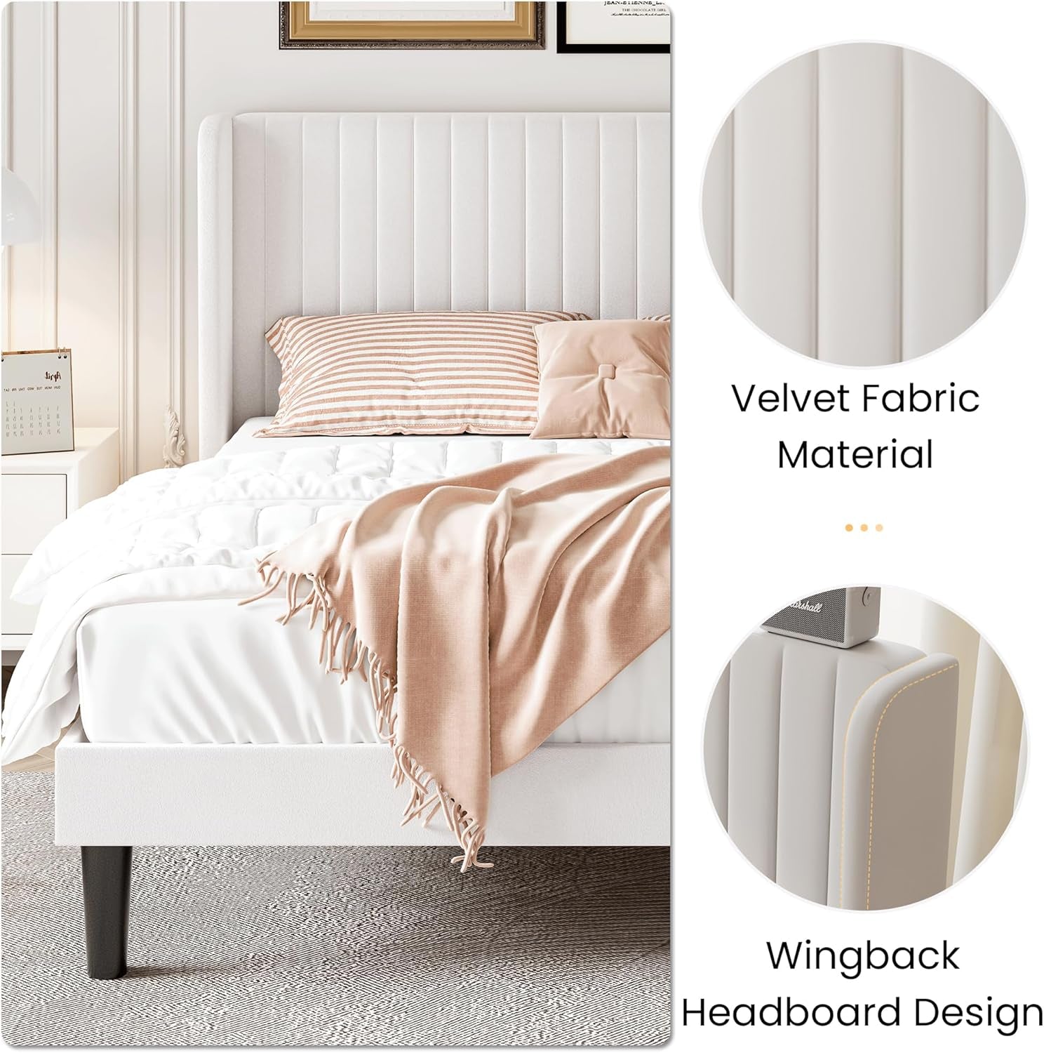 Full Size Velvet Bed Frame with Vertical Channel Tufted Wingback Headboard, Upholstered Platform Bed with Wood Slats, No Box Spring Needed, Easy Assembly, White-4