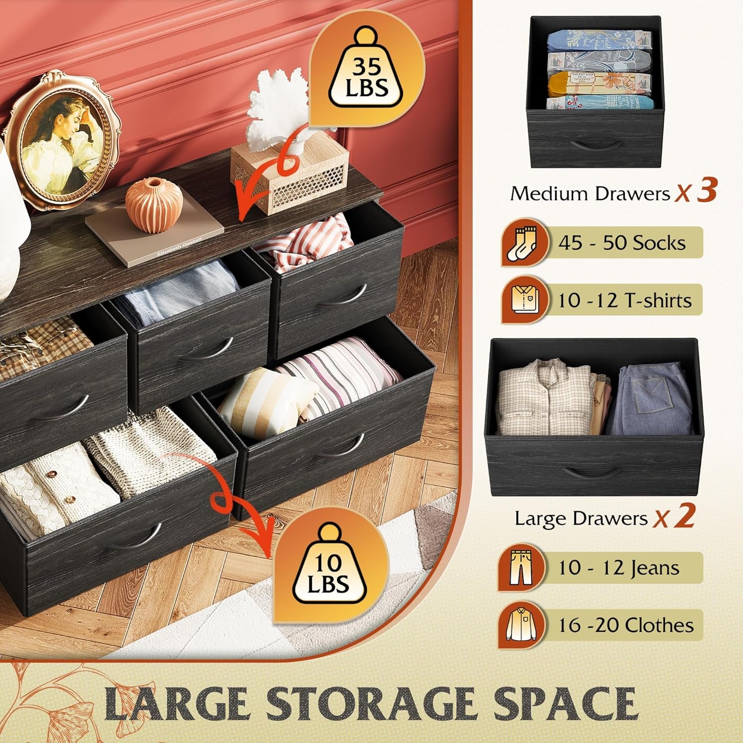 Charcoal Black Wood Grain Dresser With 5 Drawers And Fabric Bins-3