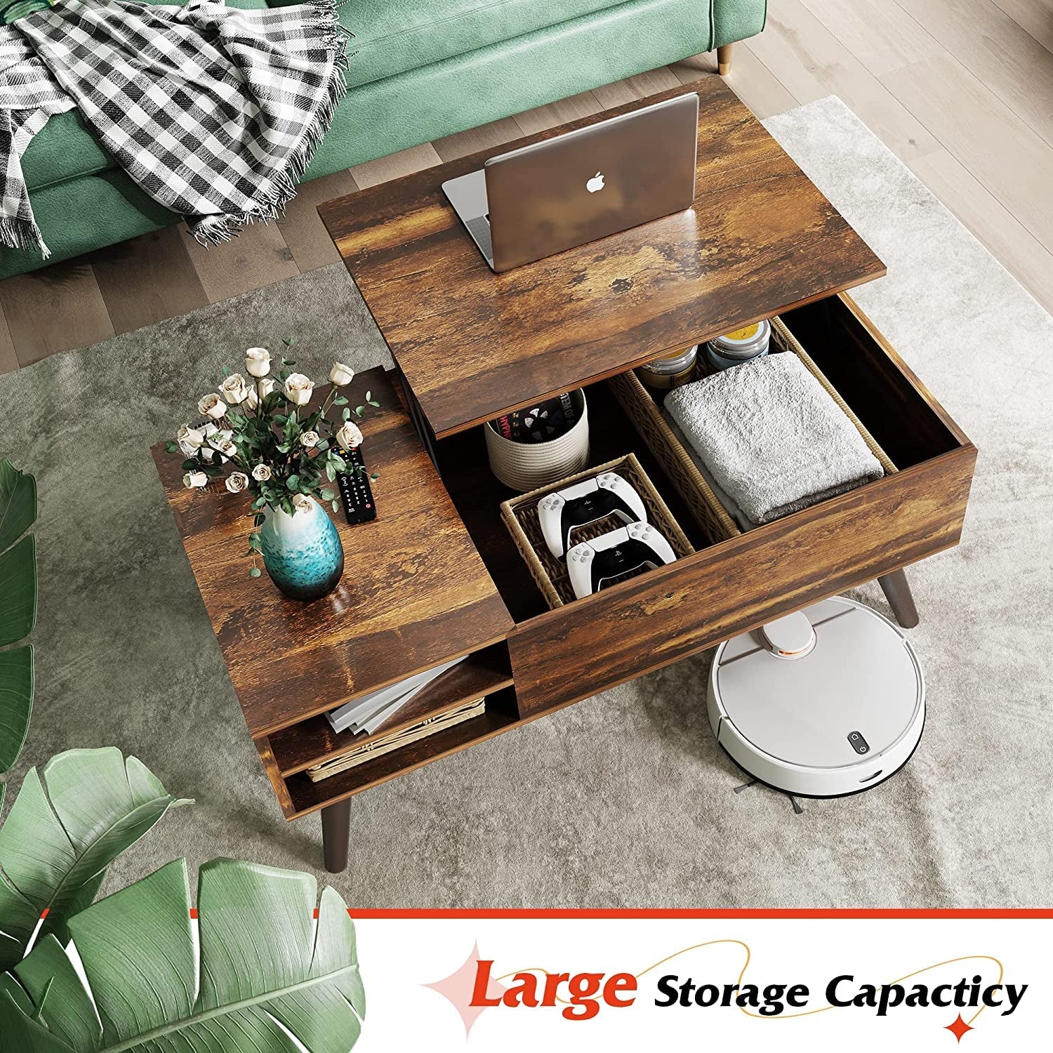 Rustic Brown Lift Top Coffee Table with Shelf-4