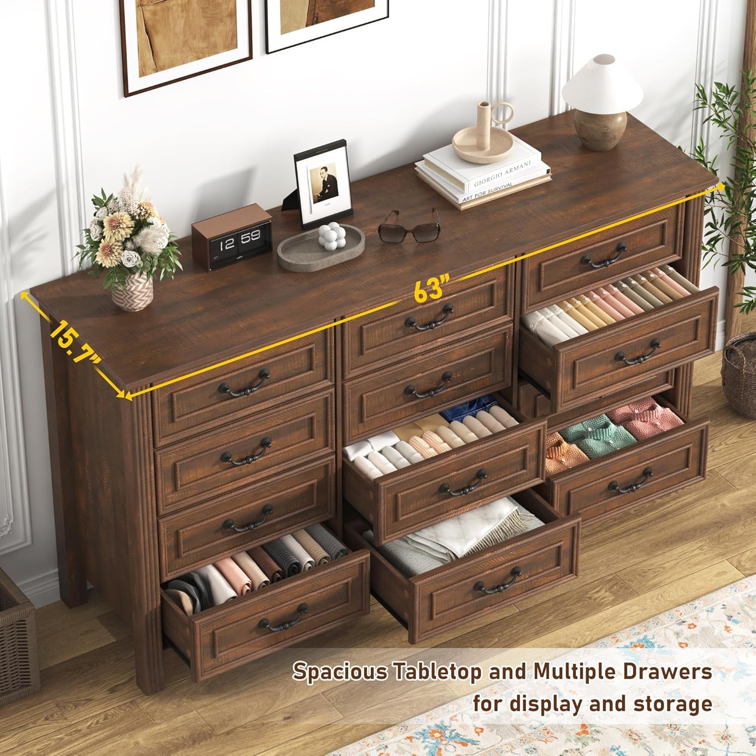 Farmhouse Dresser 12Drawer 63Inch Brown Storage Cabinet-3