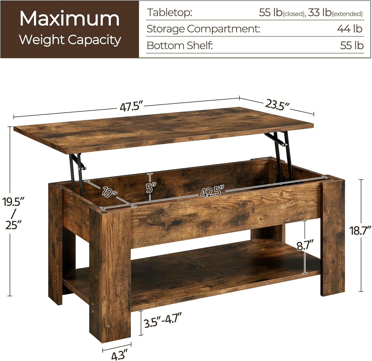 Coffee Table, 47.5In Lift Top Coffee Table with Hidden Compartment and Storage Shelf, Lift Tabletop Dining Table for Living Room Reception Room, Rustic Brown-2