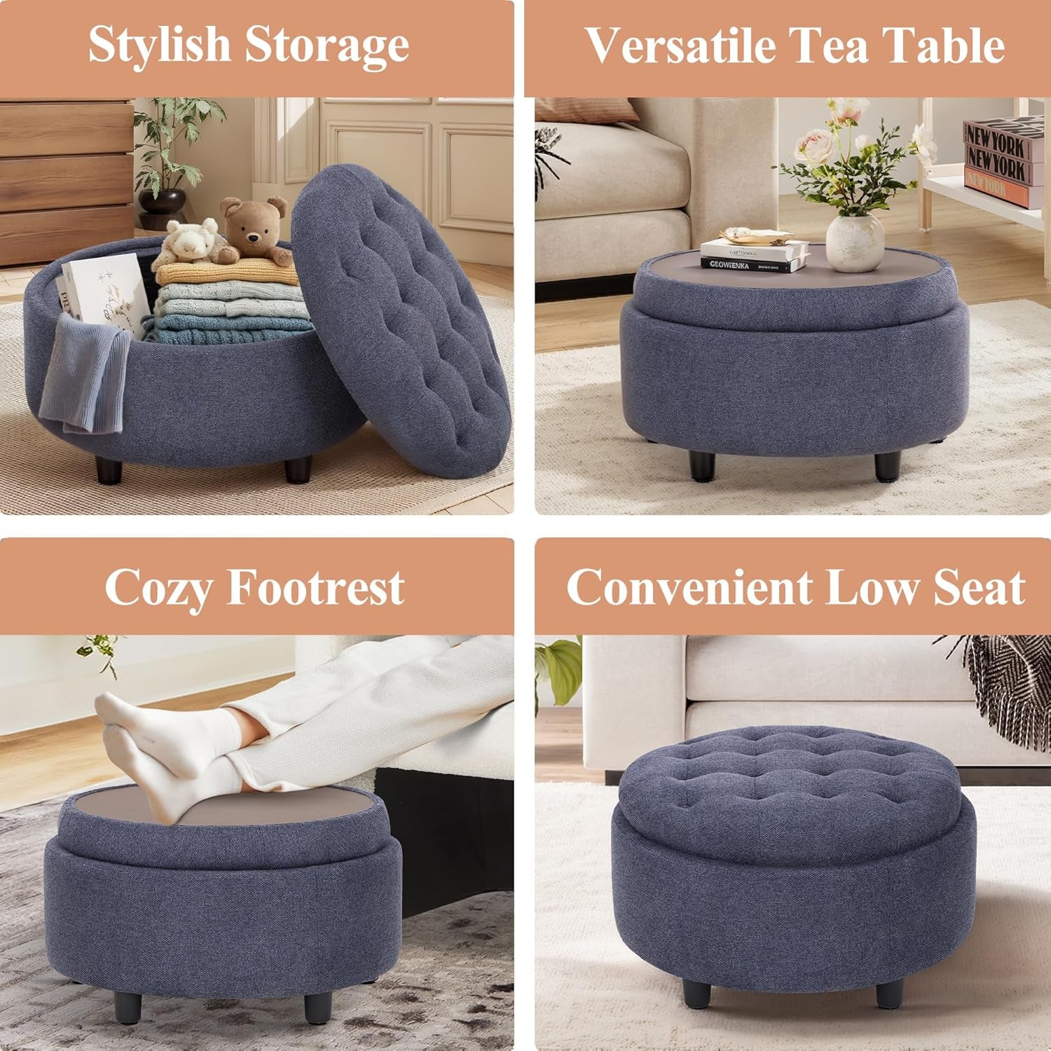Blue Upholstered Circular Storage Ottoman With Tray-2