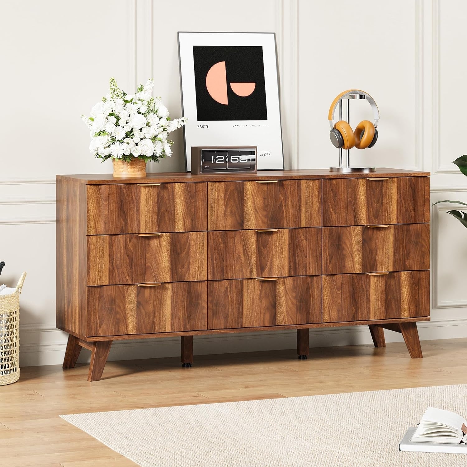 Contemporary Walnut 9 Drawer Dresser Fluted Fronts-3