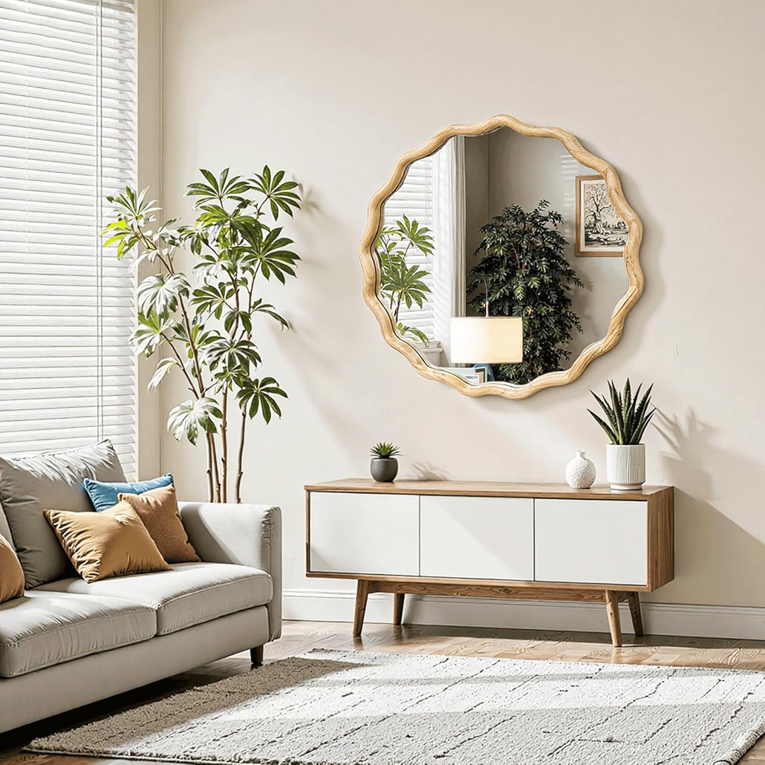 Round Wood Wall Mirror 24 Inch Shatterproof Glass Mounted-4