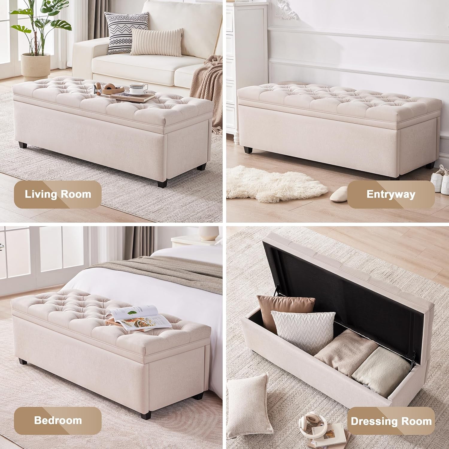 50 Inch Beige Tufted Storage Ottoman Bench Upholstered-3