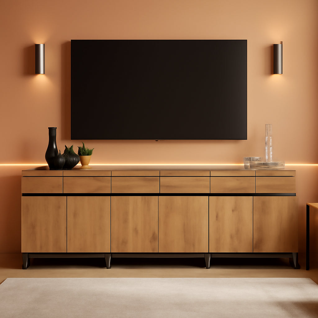 Modern TV Stand for Tvs up to 110 Inch, 3 in 1 Wood Entertainment Center TV Console Table with Adjustable Shelves and Metal Base for Living Room,Bedroom,Oak-0