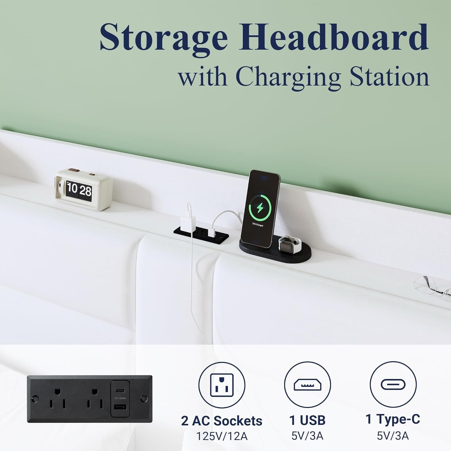 Full Size Platform Bed Frame With Integrated USB Charging Station And Storage Headboard-2