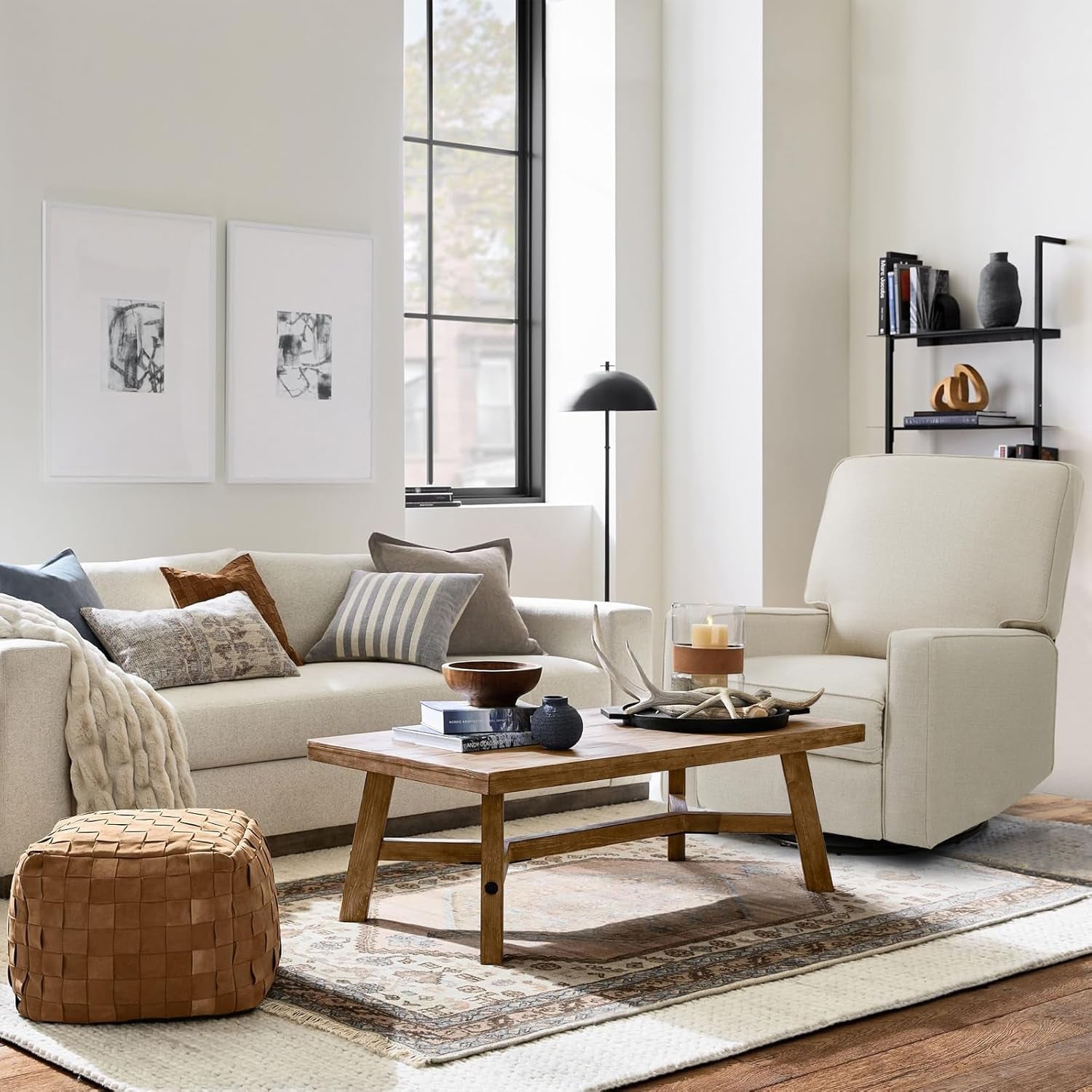 Beige Fabric Swivel Rocker Recliner Armchair DeepSeat-3