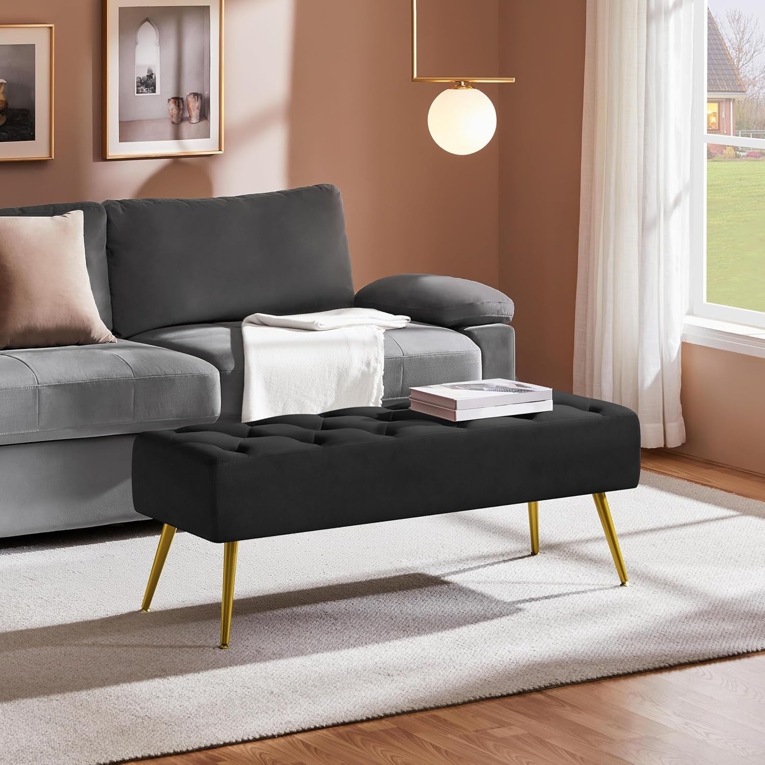 Black Velvet Upholstered Ottoman Bench Golden Legs-3