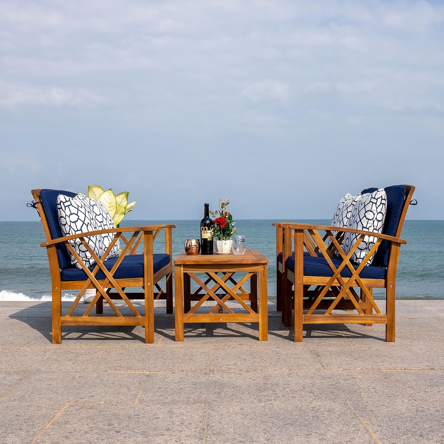 Fontana 4 Piece Patio Set Navy Cushions Geometric Pattern-1