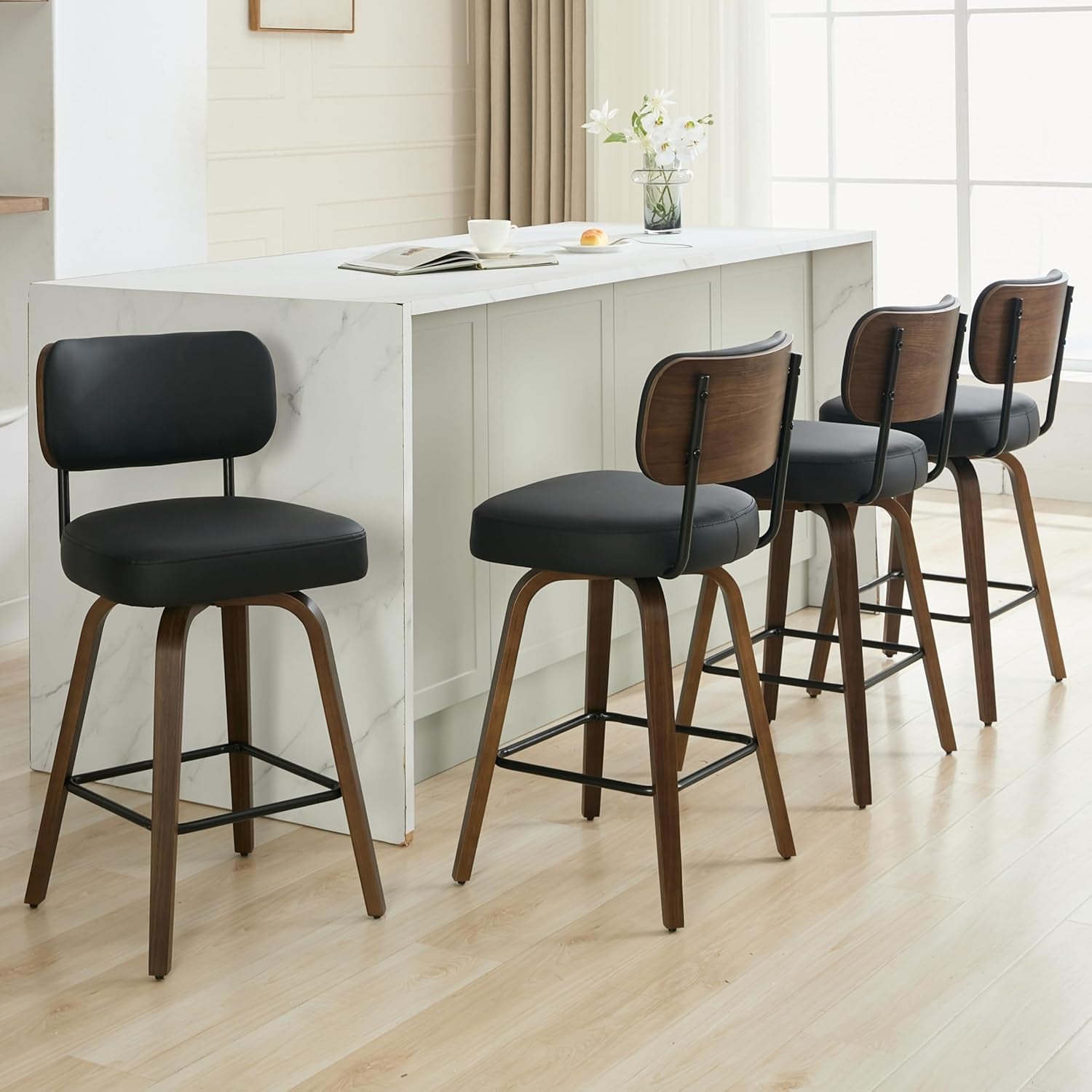 Swivel Bar Stools Set of 4, 26" Upholstered Counter Height Bar Stools with Back and Walnut Wood Legs, Faux Leather Barstools for Kitchen Counter, Black-0