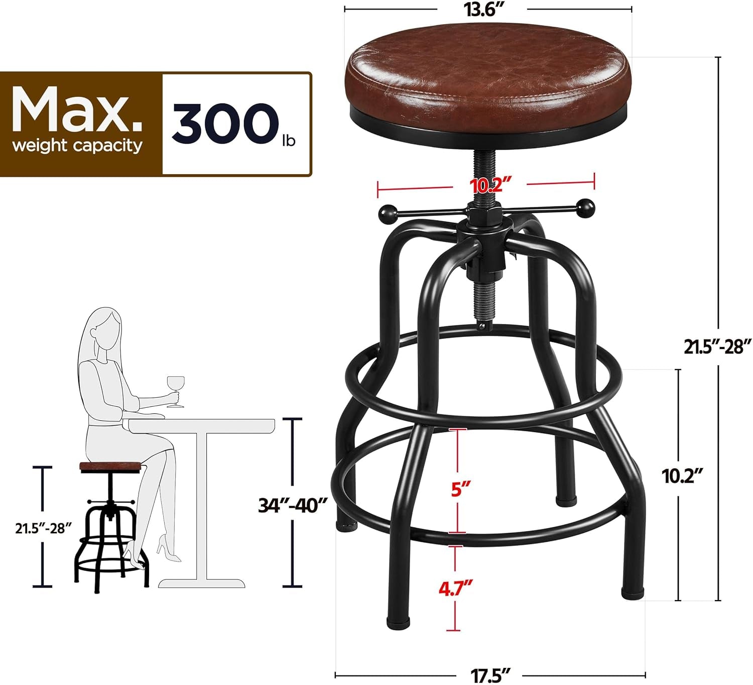Industrial Bar Stool Adjustable Brown Counter Height-2