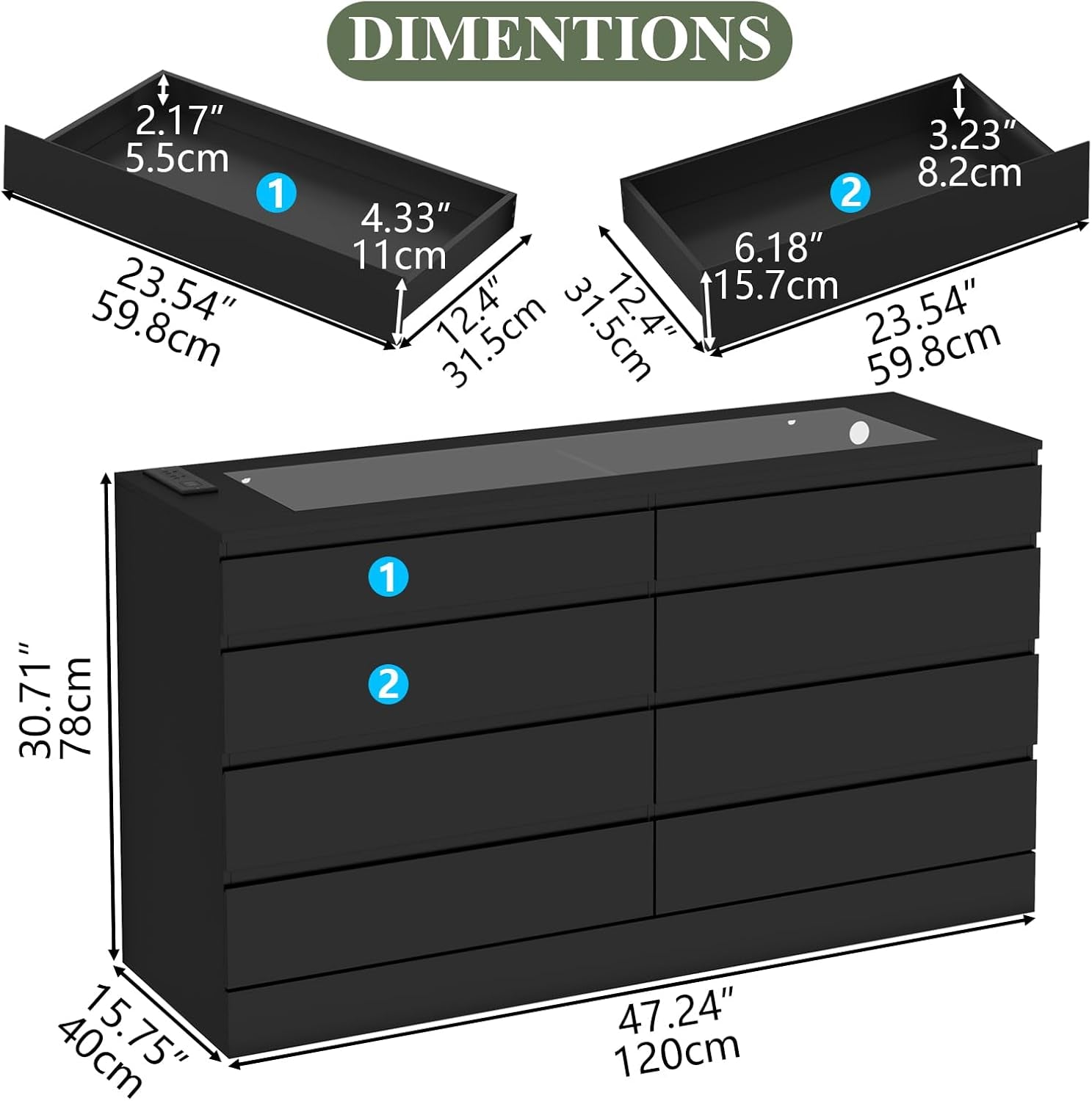 White Eight Drawer Dresser Featuring Electrical Outlet-1