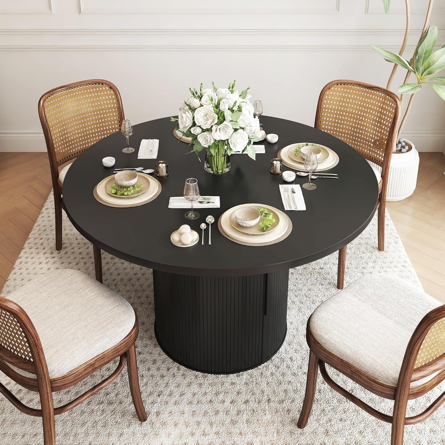 47 Inch round Dining Table for 4, Kitchen Table Dinner Table with 2-Layer Storage Shelf and Wood Slide Door for Home Dining Room Living Room (Black)-2