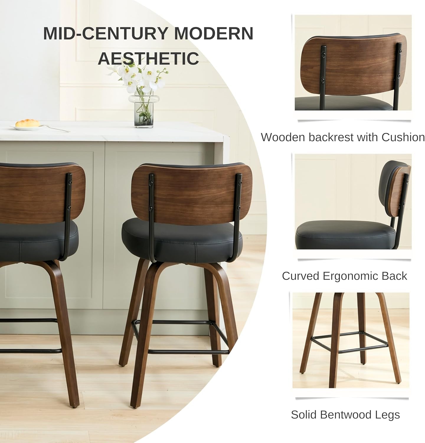 Swivel Bar Stools Set of 4, 26" Upholstered Counter Height Bar Stools with Back and Walnut Wood Legs, Faux Leather Barstools for Kitchen Counter, Black-4