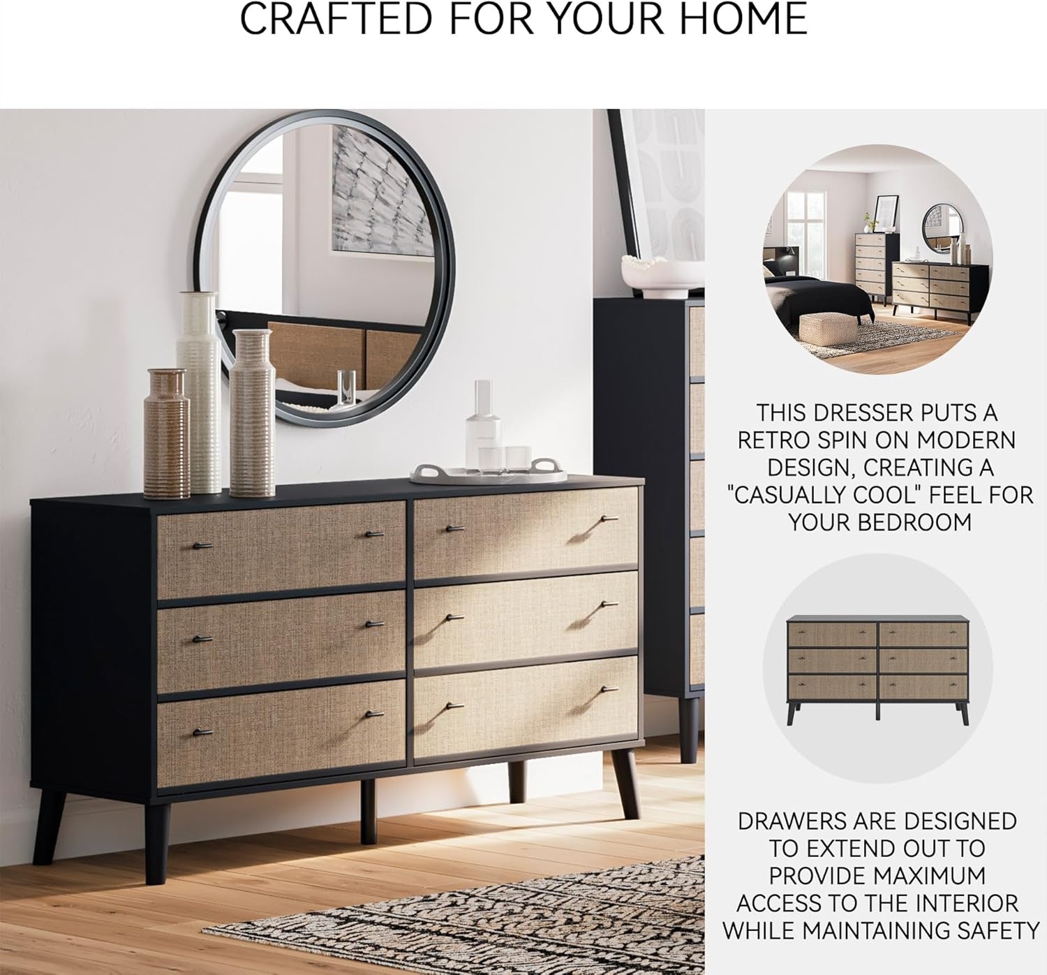 Modern TwoTone Black LightBrown Six Drawer Dresser-4