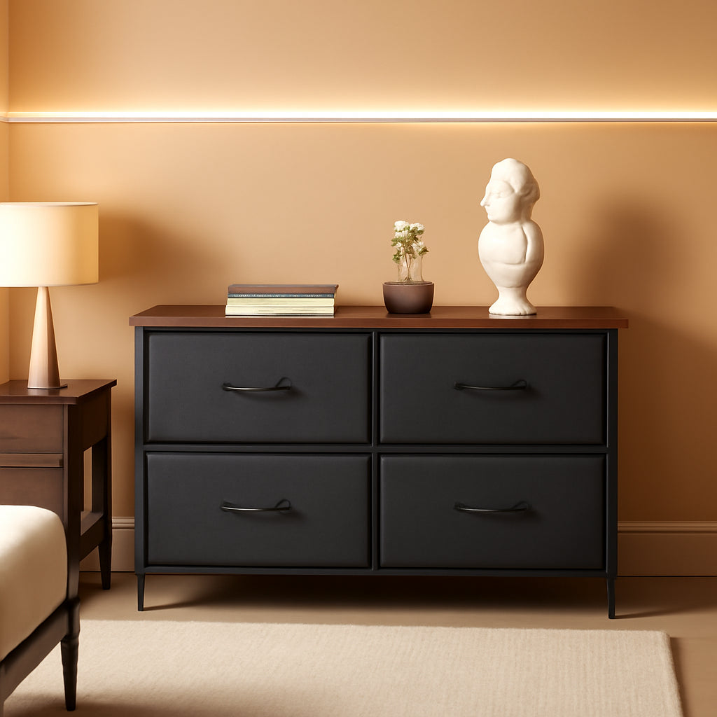 5 Drawer Fabric Dresser With Bins And Wood Top For Bedroom-0