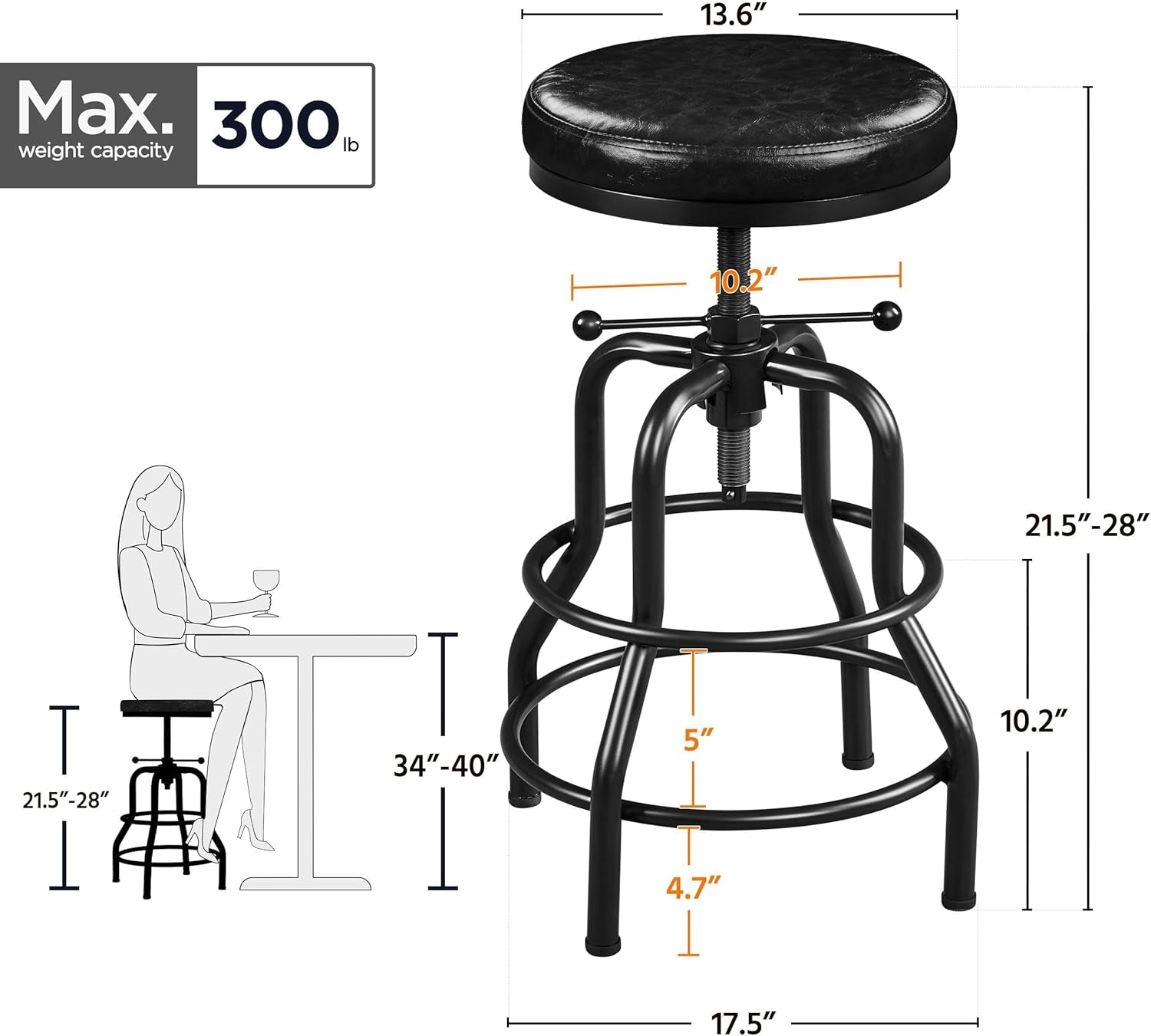 Black Bar Stool 21 To 28 Inch Industrial Kitchen Stool-2