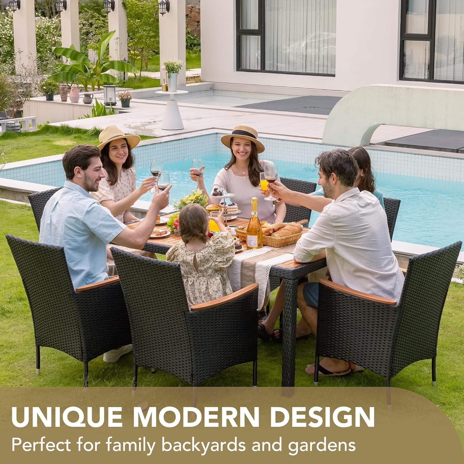 7 Piece Patio Dining Set Acacia Wood Table Black Rattan-2