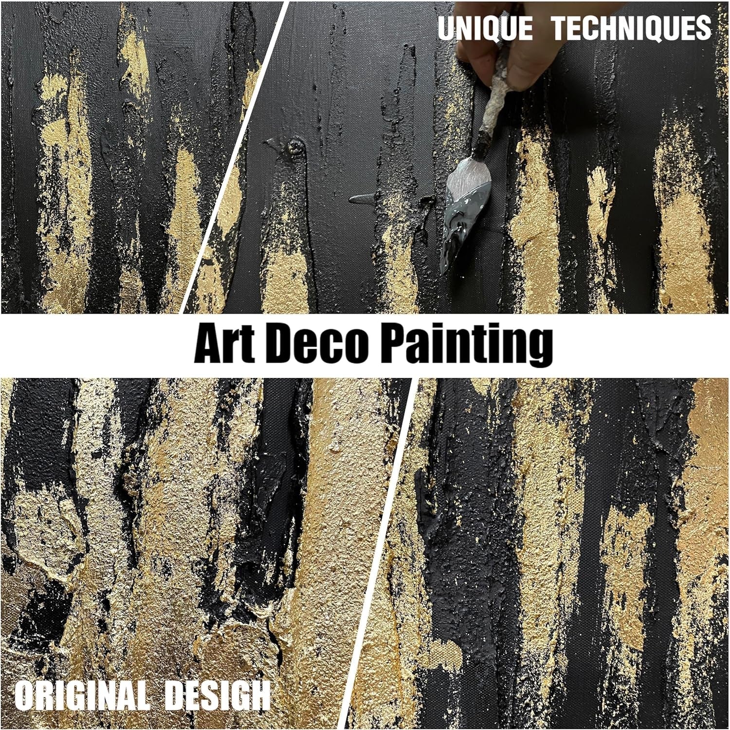 Handmade 3D Canvas Wall Art 72X36 Neutral Black Gold-4