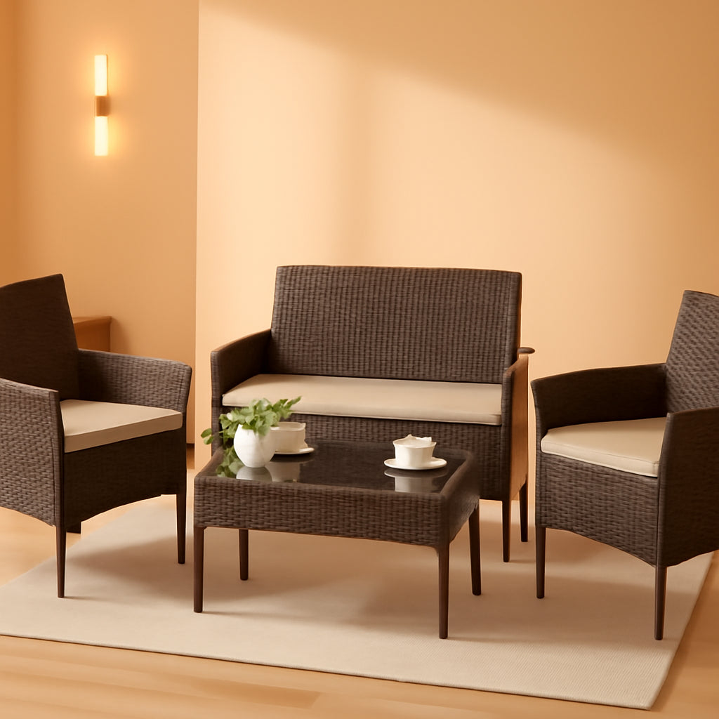 4 Piece PE Rattan Patio Furniture Set With Beige Cushions-0
