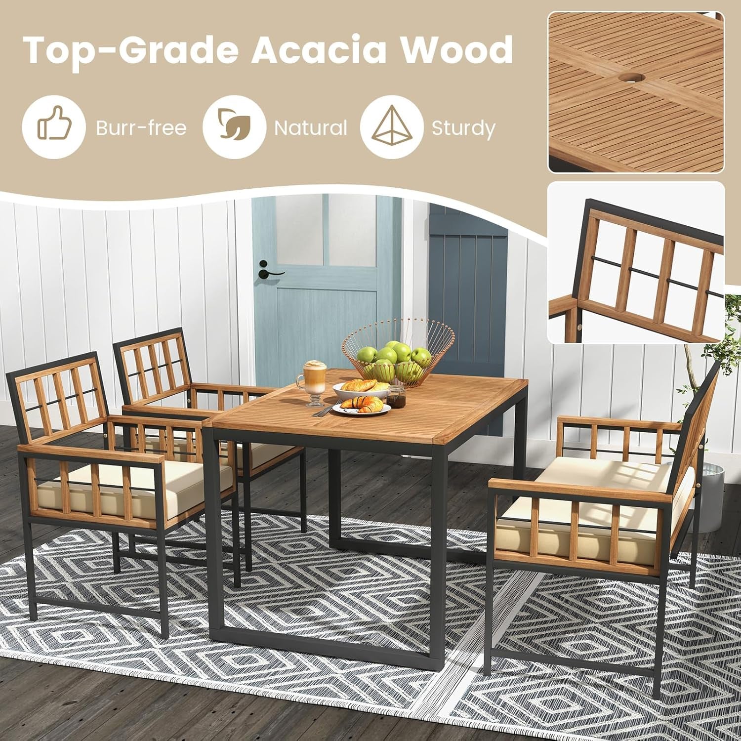 4 Piece Patio Dining Set With 47 Inch Acacia Table-4