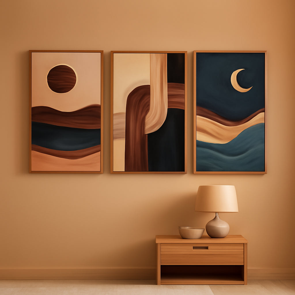 Three-Panel Beige Framed Canvas Wall Art 16x24 Inches-0