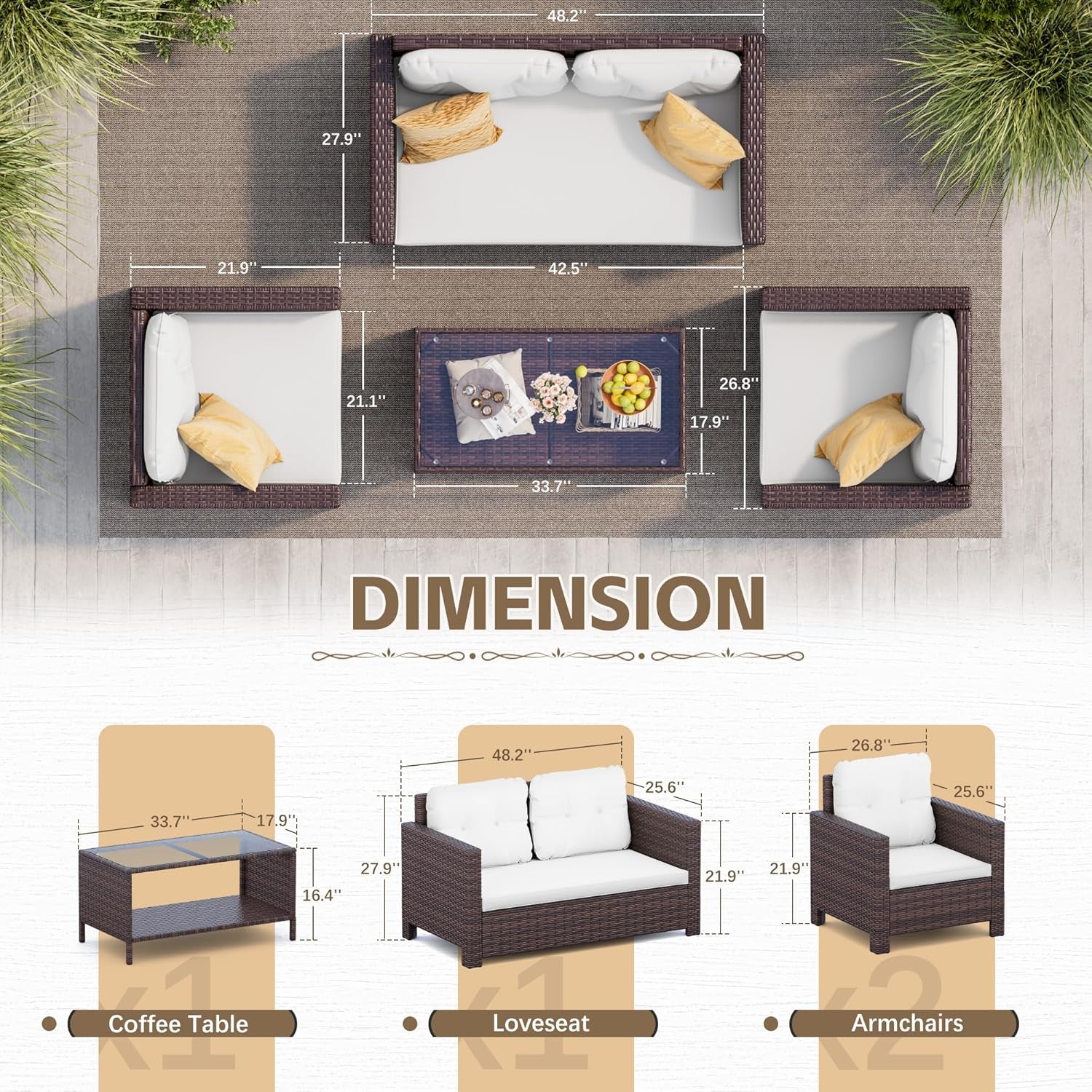 4 Piece Patio Rattan Furniture Set Beige Cushions Outdoor-2