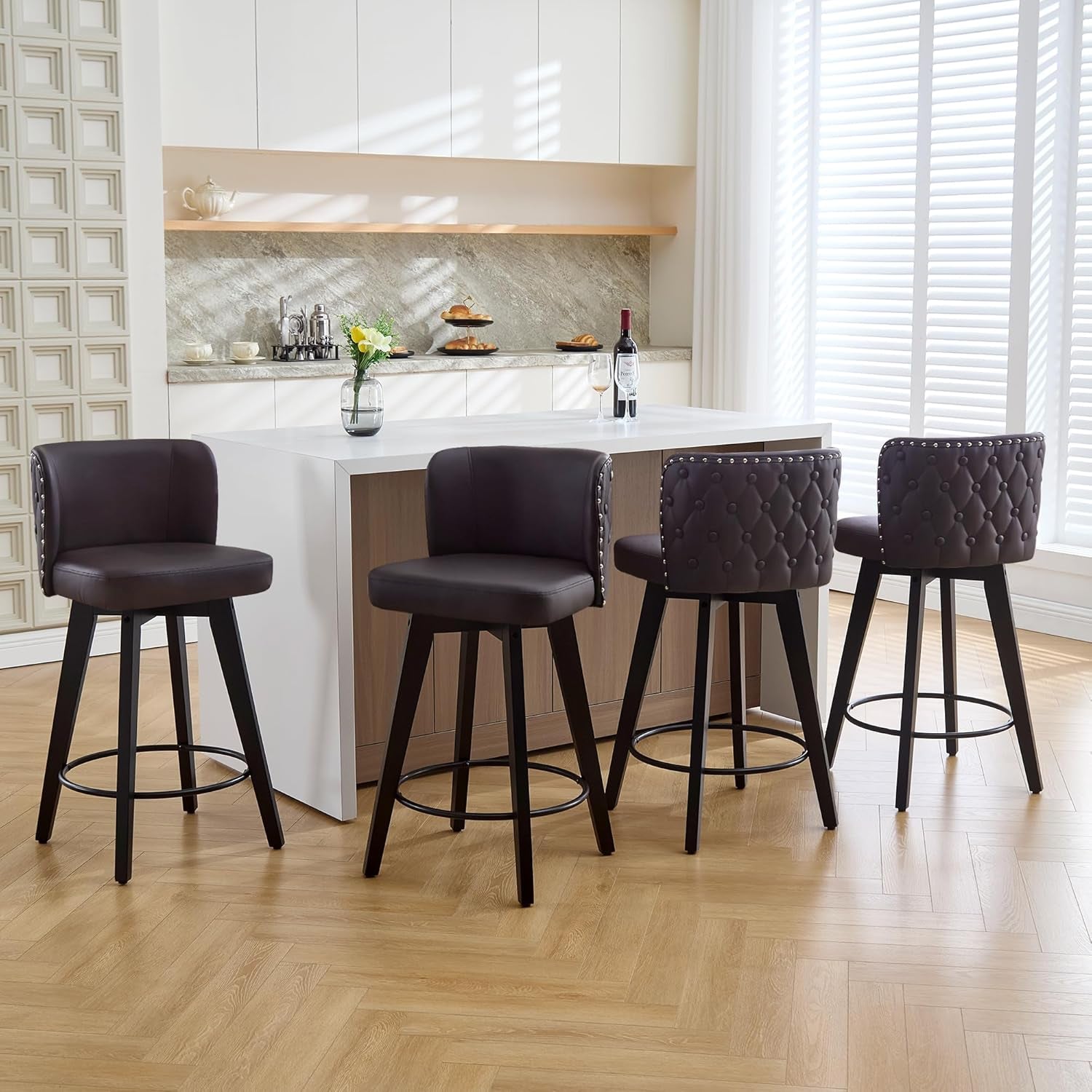 Swivel Bar Stool Set of 4, Faux Leather Low Back Counter Height Bar Stools, 27.5" Upholstered Tufted Counter Barstools with Wood Legs for Kitchen Island, Home Bar (Brown)